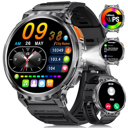 ESFOE Reloj Inteligente Hombre con LED Linterna, 730 mAh 1,85'' 5ATM Impermeable Smartwatch Hombre con Llamadas Bluetooth, Wasap, Monitor de Ritmo Cardíaco y Sueño,SpO2 para iOS Android (FV6-BV)