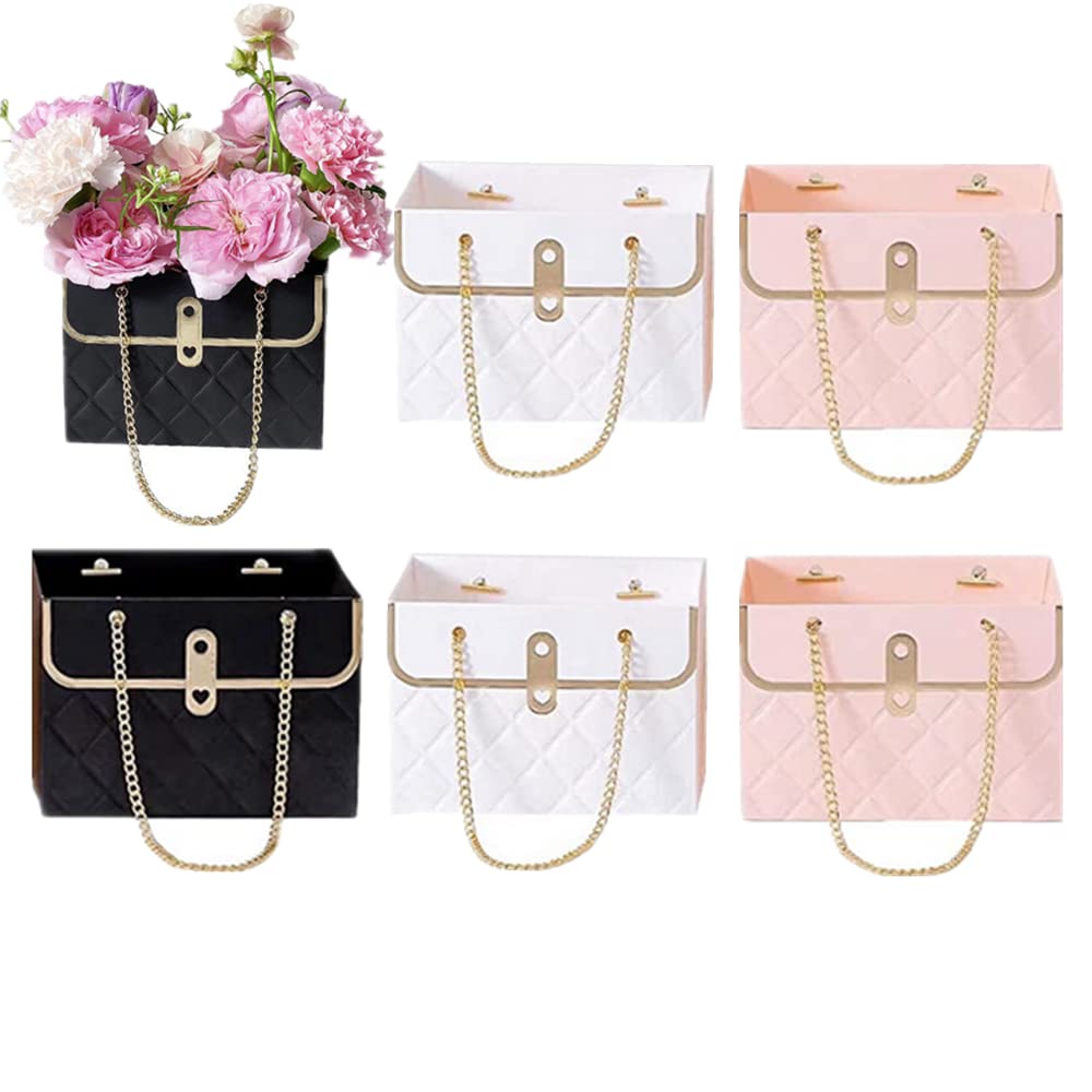 GORGECRAFT Lot 12 Boîtes Cadeaux Fleurs Papier – Sac Main Bouquet Rectangulaire Avec Chaîne Métal Dorée, 4 Couleurs Élégantes Saint-Valentin Mariage