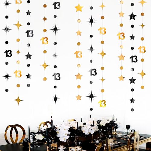 Image of Black Gold 13th Birthday Decorations Number 13 Circle Dot Twinkle Star Garland Metallic Hanging Streamer Banner Backdrop Girls Boys 13 Years Old Birthday Thirteen Official Teenager Party Supplies