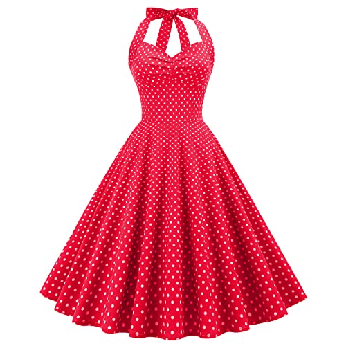 Women Halter Neck 50s Vintage Polka Dot Cocktail Swing Dress Retro Pinup 1950s Audrey Hepburn Rockabilly Prom Dress Lace Up Back Fit and Fared Dress A-Line Wedding Formal Party Dress Retro-Red S by IWEMEK - Used condition - US$21.13