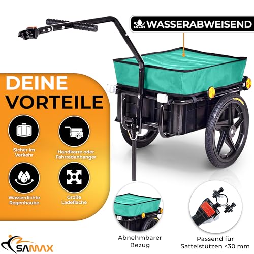 SAMAX Transportanhänger 70 Liter / 60 Kg Fahrradanhänger Lastenanhänger mit Kupplung Fahrrad Anhänger Handwagen mit Kunststoffwanne in Grün