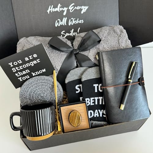Care Package for Men - Get Well Soon Gifts with Plush Blanket Ceramic Mug Set Socks PU notebook Pen Stress Stone Greeting Card - Get Well Gifts for Men After Surgery Dad Friend