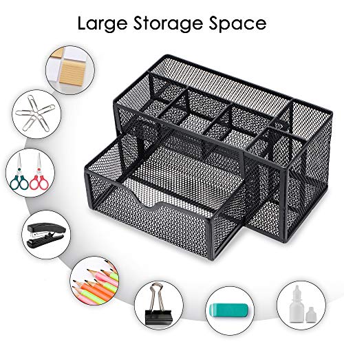 ARCOBIS Black Mesh Desk Organizer Office Supplies Multi-Functional Desktop Pen Holder Organizer with 6 Compartments and 1 Large Storage Drawer for Office, Home, School, Classroom