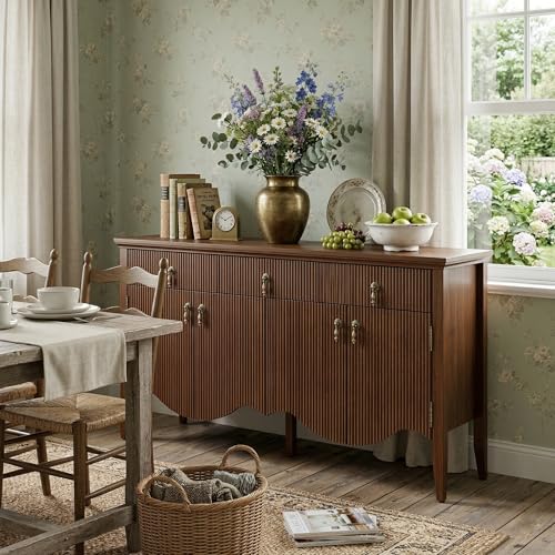 Image of FUSUNBAO 57 inch Fluted Sideboard Buffet,Retro Storage Cabinet, Walnut | 3 Drawers and 4 Doors, Vintage Fluted with Scalloped Base, Organic Modern Accent Cabinet, For Dining Room