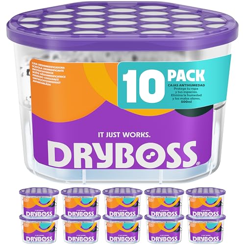 DRYBOSS Pack x 10 Deshumidificador Absorbente Anti Humedades de Armarios, Interior Casa, Cajones, Habitacion, Pared, Coche. Quita Olores y Absorbe Humedades. Previene Condensación. Antihumedad