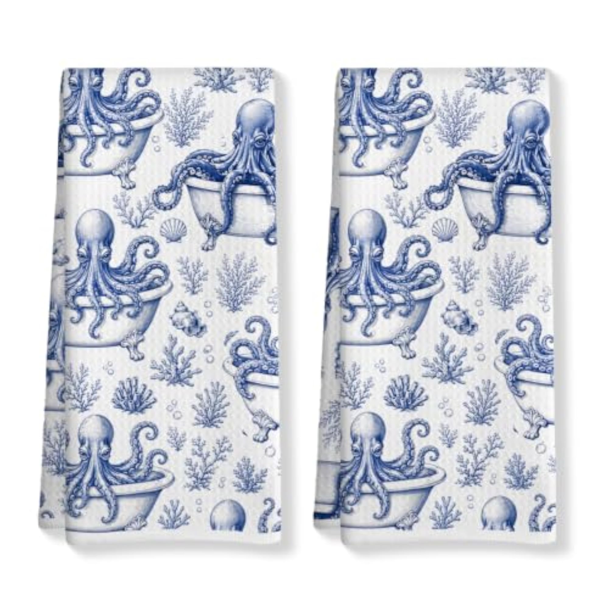 2 Pcs Funny Blue Octopus Hand Towels for Bathroom