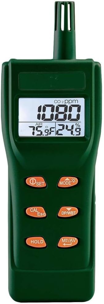 Extech CO250 Portable Air Quality CO2 Meter with Datalogger | CO2 0-5000 ppm, NDIR, temp, humidity, dew point, wet bulb, 99-record logger, backlit LCD, 4 AA, case