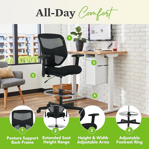 Image of HON Prominent Mesh Ergonomic Standing Office Drafting Chair with Adjustable Arms, Footrest, 360 Swivel Task Chair for Computers, Desk, Home Office, Black