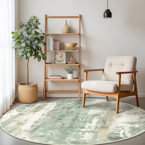 Image of BEIMO Round Rugs 5FT for Living Room Bedroom, Modern Abstract Machine Washable Circle Rug, Soft Low Pile Floor Cover with Non Slip Backing for Dining Room, Light Green