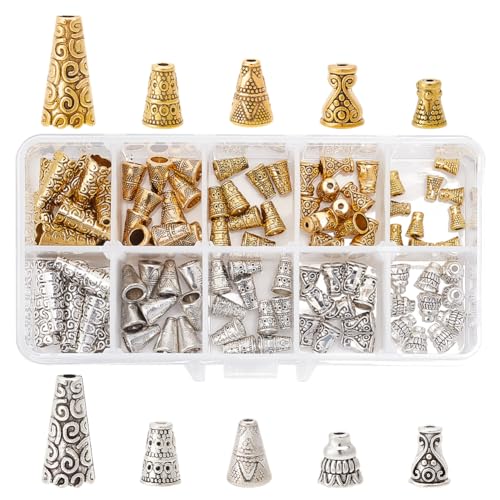 Capuchons de perles coniques en alliage style tibétain argent et or, 100 pièces PandaHall