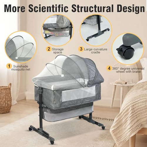 سكاي-تاتش سرير اطفال بجانب السرير قابل للتعديل، سرير اطفال مع سلة تخزين كبيرة، سرير سفر مع مرتبة شبكية جيدة التهوية، شبكة ناموسية قابلة للفصل، مرتبة ناعمة بعجلات دوارة 360 درجة، للرضع حديثي الولادة