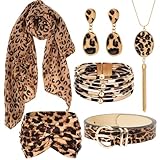CUHBIV 7 Pcs Cheetah Print Accessories, Leopard Earrings and Scarf, Adjustable Belt, Animal Print Headband, Boho Leopard Jewelry Gifts Set for Women