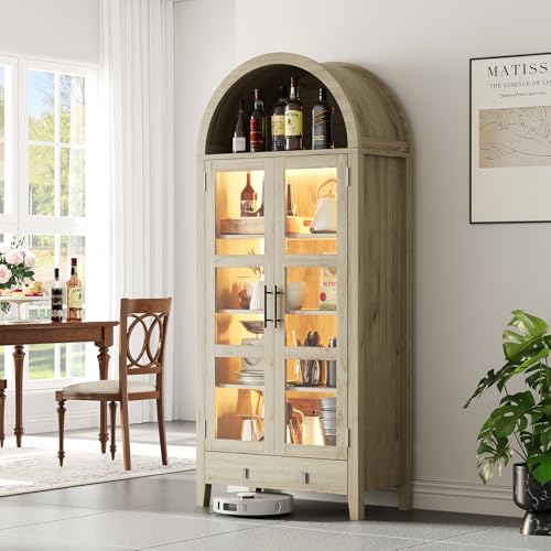 IDEALHOUSE - 71" Tall Arched Kitchen Pantry Cabinet, Modern Farmhouse Kitchen Storage Cabinets with LED Lights, Arched Cabinet with Open & Adjustable Shelves, Hidden Drawer & Glass Door for Dining Room, Kitchen