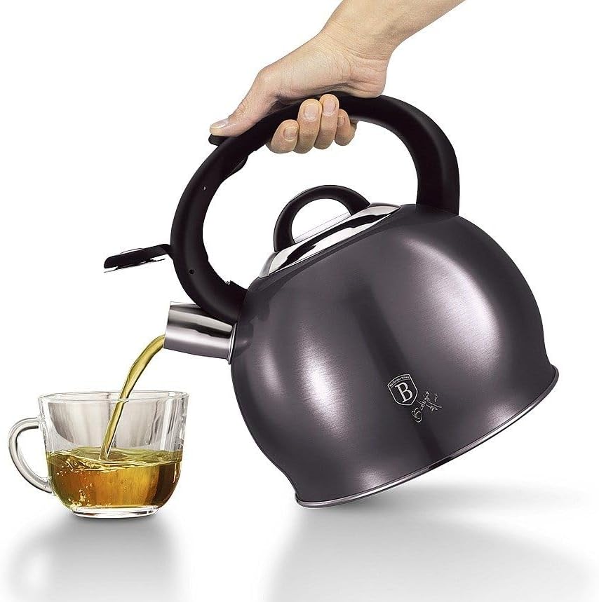Berlinger Haus Whistling Tea Kettle for Stove Top, 3.2 Quart Stainless Steel Tea Pots for Stove Top, Stovetop Kettle with Push Button Handle, Enhanced Induction Base Stainless Steel Teapot, Gray