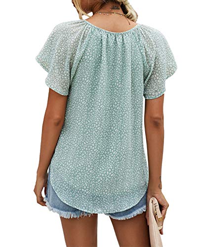 Mansy Women's Casual Floral Print V Neck Ruffle Short Sleeve Summer Shirts Tops Loose Blouses #TOP4