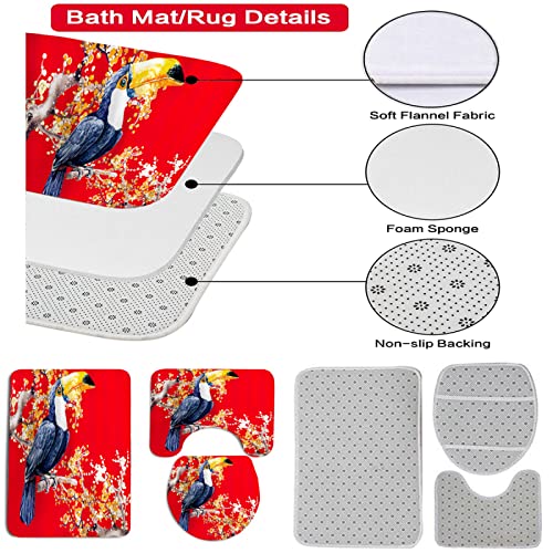 3-teilig Badematten Set, 3D Digitaldruck Vogel Badteppich Sets rutschfest Badvorleger Rot Waschbar U-Förmiger… – Bild 3