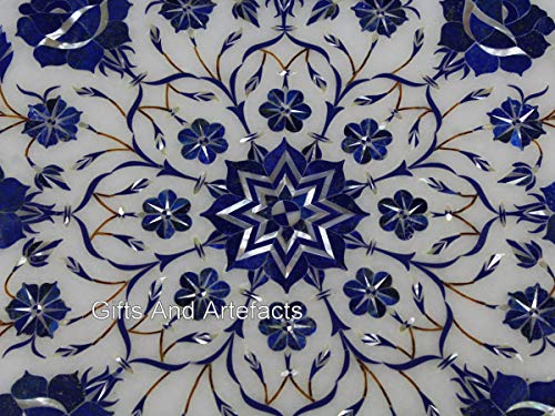 Table basse en marbre blanc, meuble octogonal compact orné de lapis lazuli véritable - 5