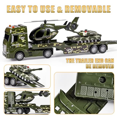 25.6" Green Military Big Truck Toys, Big Truck Toy with Tank and Helicopter,Army Toys with Sounds & Lights, Great Gift for 3+Years Old Boys and Girls