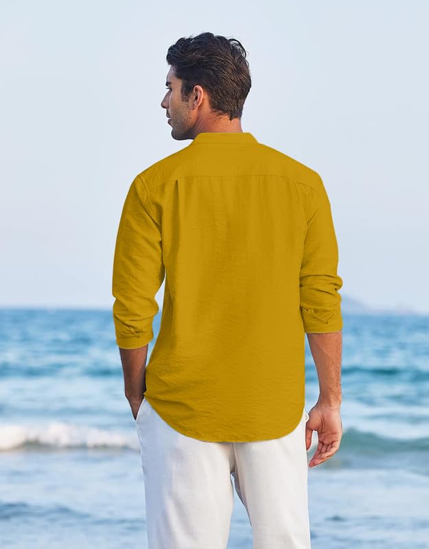 Image of Macsivo Men's Cotton Blend Henley Short Kurta with Mandarin Collar Long Sleeeve Button Closure Curved Hem Regular Fit | Kurta for Men Stylish