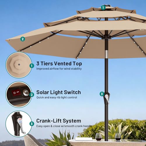 Image of AreShark 9ft 3 Tiers Patio Umbrella with Solar Lights, Outdoor Umbrella w / 32 LED Lights&8 Sturdy Ribs, Table Umbrella for Deck, Backyard, Pool (Beige)