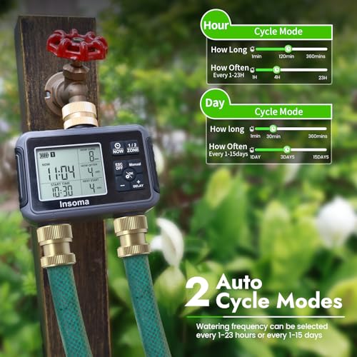 image for Insoma Water Timer with Brass Inlet & Outlet, 2 Independent Zones Outd