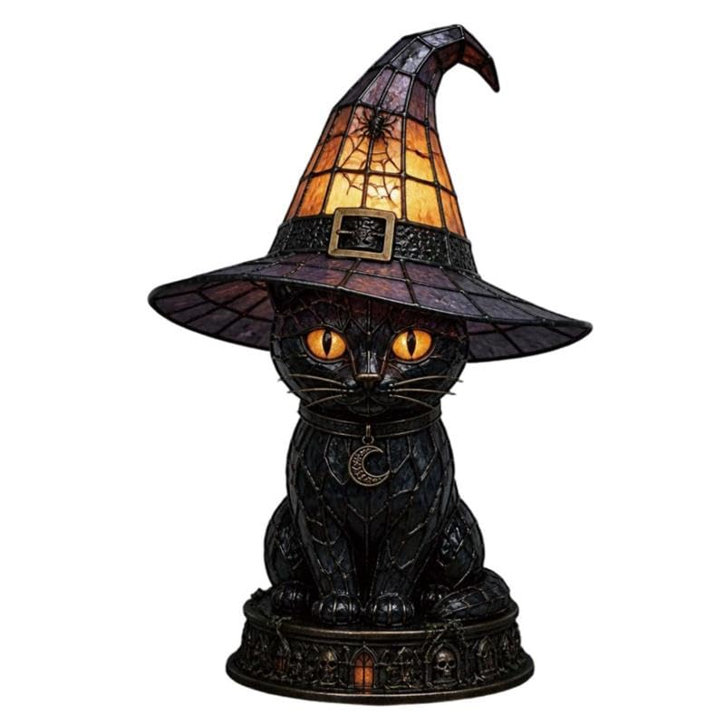 Glyntheum Handcrafted Black Cat Witch Hat Lamp, Gothic Resin Night Light with Moon Pendant, Stained Glass Halloween Decor for Bedroom Bookshelf Home