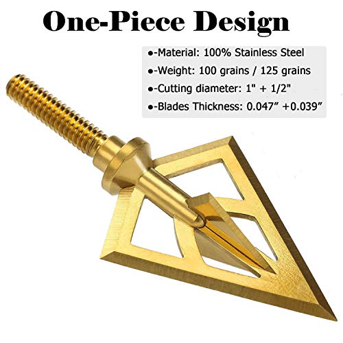 Maifield Broadheads Fixed Blade One-Piece 100/125 Grain. 1Inch Cut Hunting Crossbow Broad Head Archery Arrow Tip 3Pack (Gold,Pack Of 3) #TOP1