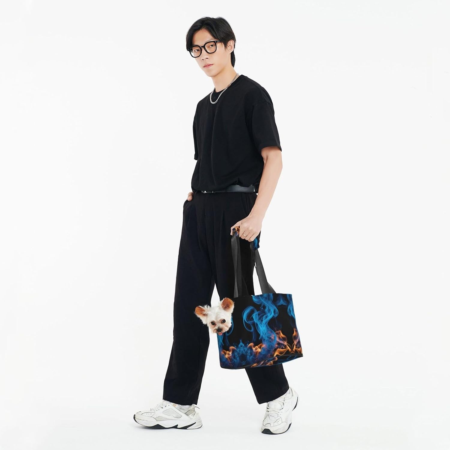Blue Flame Print Portable Foldable Shoulder Bag for Travel,with Collar Hook and Handle Pad,Cute Stylish Design