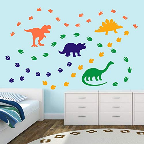 Creative Dinosaur Wall Decals, DIY Adorable Animal Dinosaur Footprints and Paw Print Wall Sticker for Kids Room Classroom Decoration, Orange,Blue,Yellow,Green (74 Pcs)