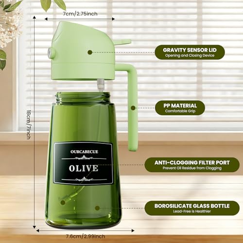 Image of Olive Oil Sprayer & Dispenser Bottle for Cooking 16oz Dark Glass Oil Mister | 2-in-1 Oil Sprayer & Pourer, Fine mist, Light-Blocking, Wide Mouth for Easy Refill & Clean, 8 Oil Labels, Reusable