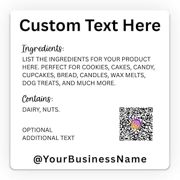 Custom Ingredients Labels, Cottage Law Food Business QR Code Nutrition Personalized Bakery 24 Count 2.5" Square