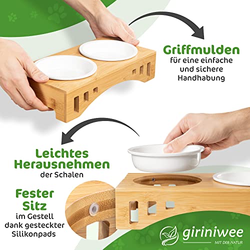 giriniwee Qualitäts Futter Bar mit Zwei super flachen 250ml Porzellannäpfen im Bambusgestell, erhöhte Doppelschale für Katzen, Kitten, kleine, Mini oder Zwerghunde, Toy Dogs & andere kleine Haustiere