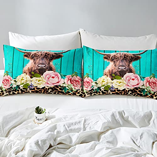 Image of Feelyou Highland Cow Bedding Set Leopard Floral Comforter Set for Kids Boys Girls Brown Safari Cheetah Animal Skin Comforter Teal Blue Wooden Decor Quilt Set Room Decor 3Pcs Queen Size