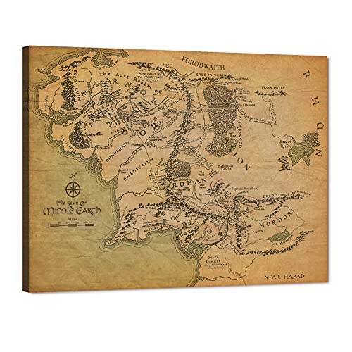 GUTTATY Middle Earth Map Canvas Wall Art Movie HD Print - Retro Painting for Home Decor, Vintage World Poster Framed Artwork Office Decor (32''Hx48''W)