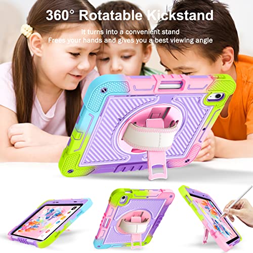 Hocase For Ipad 10Th Generation Case 10.9" 2022, With Pencil Holder/360 Rotation Stand/Hand Strap, Heavy Duty Shockproof Rugged Soft Silicone Hard Protective Case For Kids, Girls & Women - Rainbow #TOP7