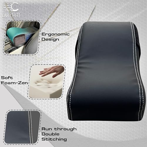 Image of Carigiri Comfirest Armrest Cushion for Car|Orthopedic Foam Arm Cushion|Universal for All Cars|Armrest Support,Height Extender(Double Stitching,Nappa Leather,Dual Mobile Pockets,Black with White Seam)