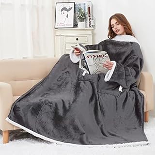 BESSIO Wearable Blanket with Sleeves, Oversized Soft Snuggle Blankets for Adults Women Men, Winter Sherpa Fleece TV Blanket for Bed Sofas, Gifts for Women, 140cm x 180cm (Grey)