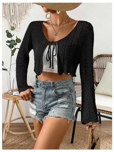 Image of Verdusa Women's Tie Front Crop Cardigan Bell Long Sleeve Scalloped Lightweight Knit Tops Summer Beach Cover Up