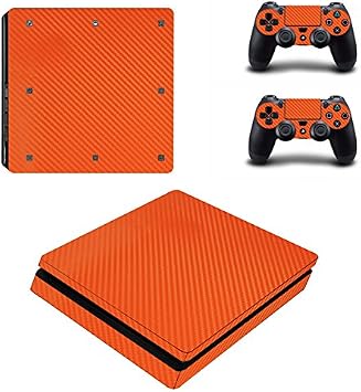 Morbuy PS4 Slim Vinyl Skin Full Body Cover Sticker Decal For Sony Playstation 4 Slim Console & 2 Dualshock Controller Orange Carbon Fiber