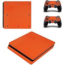 Morbuy PS4 Slim Vinyl Skin Full Body Cover Sticker Decal For Sony Playstation 4 Slim Console & 2 Dualshock Controller Orange Carbon Fiber