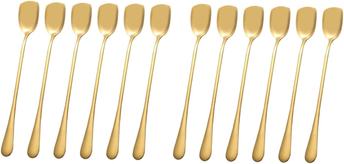 Cabilock 2sets -plated Ice Spoons Long Handles Reusable Stainless Steel Stirring Spoons for Bar Home and Cafe 6pcs*2