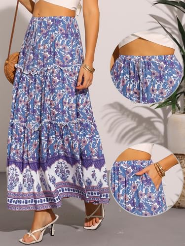 Allegra K Summer Boho Maxi Skirts for Women's Floral Flowy Ruffle Skirt with Pockets A-Line Tiered Long Skirts2
