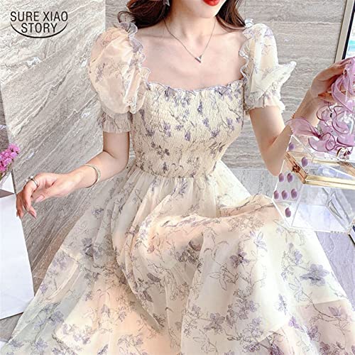 Image of QNNGXX Summer French Vintage Floral Chiffon Dress Square Collar Puff Short Sleeve Ink Painting Dress Korean Dress