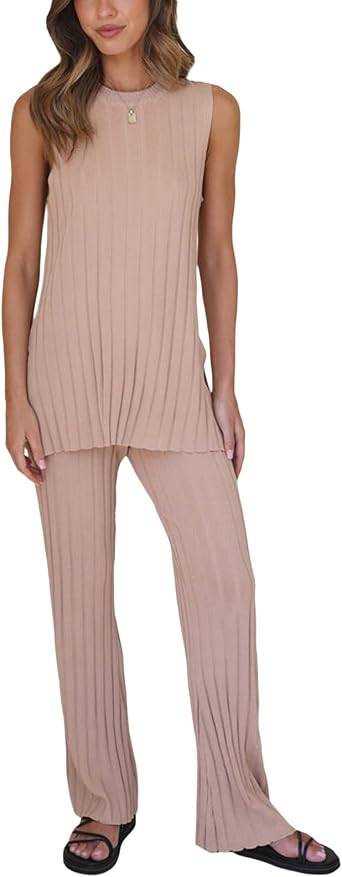 Seyurigaoka Sexy Two Pieces Knit Pants Set for Women Y2K 2Pcs Matching Set Tube Top Pleated Wide Leg Flare Pants Suit
