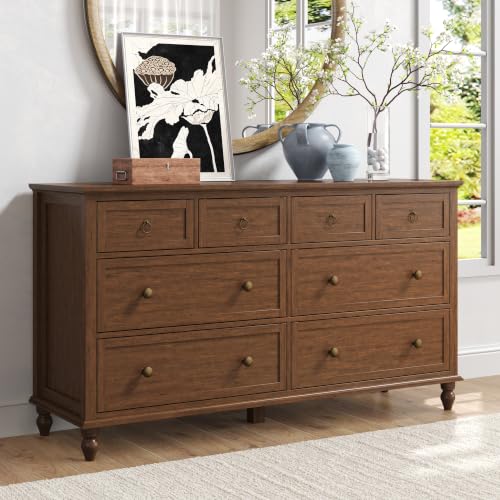 chartustriable 65inch Large Long Drawer Dresser w/Deep Drawers,Rustic Wood 8 Drawer Dresser with Large Capacity for Living Room,Wooden Chest of Drawers for Bedroom,Living Room,Entryway,Walnut