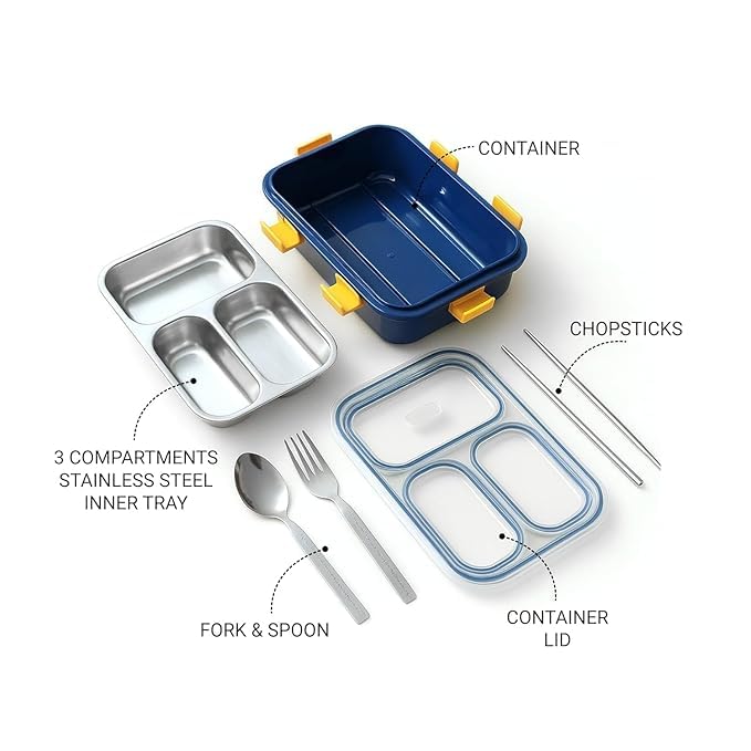 Image of Stainless Steel 3 Compartment Lunch Box with Leakproof Lid,Reusable Water Bottle & Spoon Set,Bento Style Tiffin Box for School,Office, College, Picnic,Travel & Daily (Bottle Multicolor)