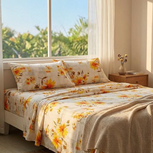 Image of JSD Rustic Yellow Floral Printed Full Sheet Set Extra Deep Pocket | 4 Piece Soft Botanical Microfiber Sheets, OEKO-TEX Certified, Easy Care