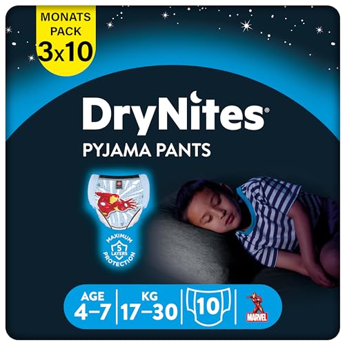 DryNites saugfähige Nachtwindeln bei Bettnässen, Für Jungen 4-7 Jahre (17-30 kg), 3 x 10 Stück = 30 Windel-Pants, Höschenwindeln, Windelhöschen