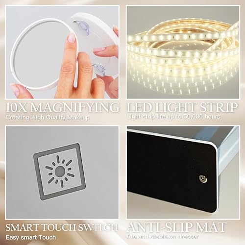 Image of ROLOVE 16x12 Inch Vanity Mirror with Lights, Lighted Makeup Mirror with 10X Magnification, Smart Touch 3 Colors Dimmable, Dresser Mount, Bathroom (White)