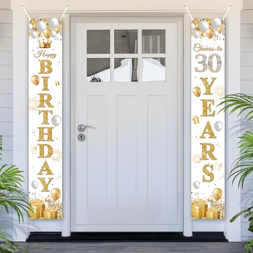 PartyYaa Cartel de 30 cumpleaños, decoración de puerta de 30 cumpleaños, fondo de cabina de fotos de fiesta, póster para hombres y mujeres (oro blanco)